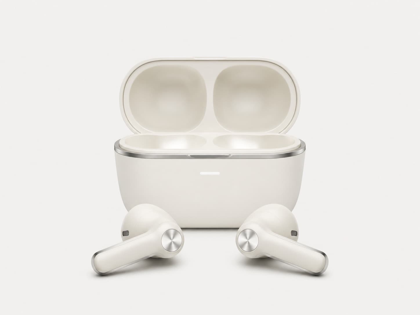Front view of Bluetooth earbuds and charging case