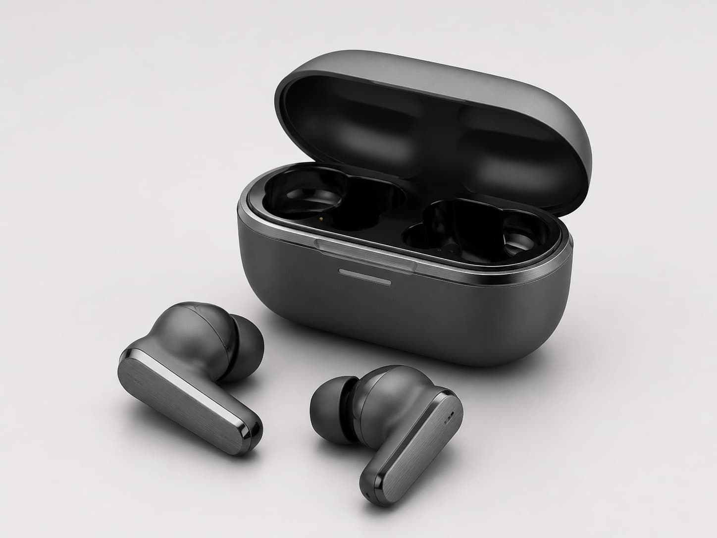 Angled view of Bluetooth earbuds and charging case