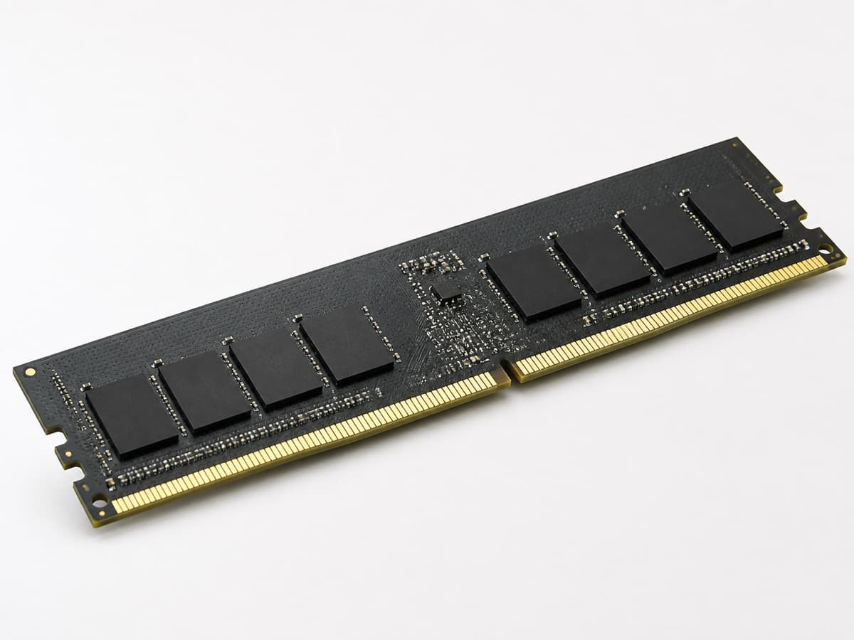 Detail view of memory module contacts and chips