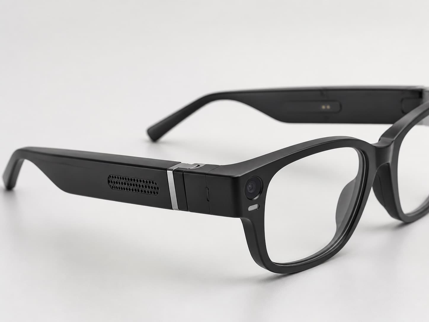 Detail view of smart-glasses temples and electronics